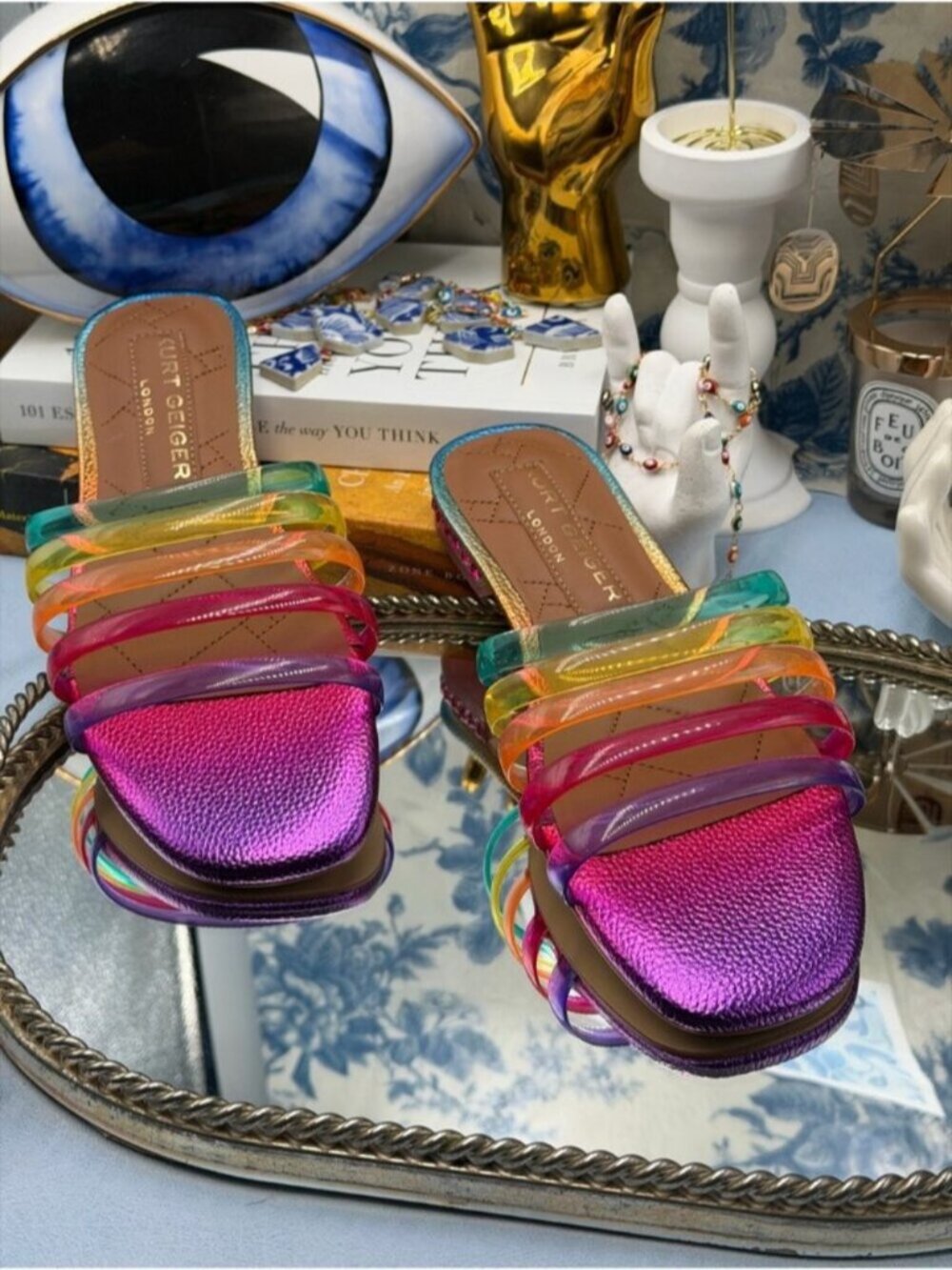 🆕 KURT GEIGER LONDON 🧿 NWOB Maddison Jelly Strap Flat Sandal, Metallic Rainbow